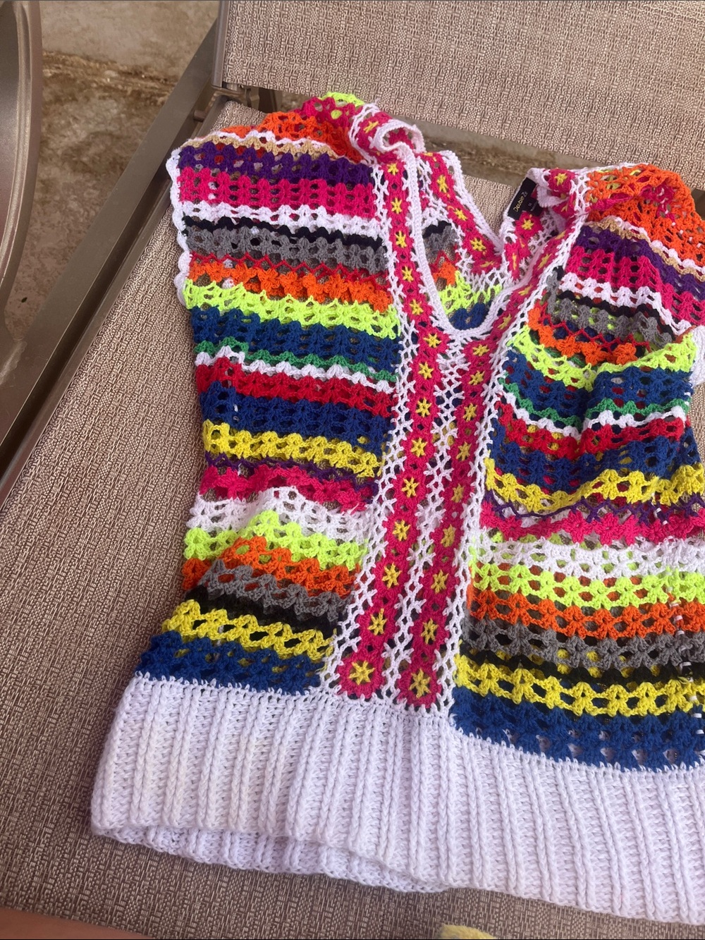 Multicolor Crochet Vest with White Rib Hem